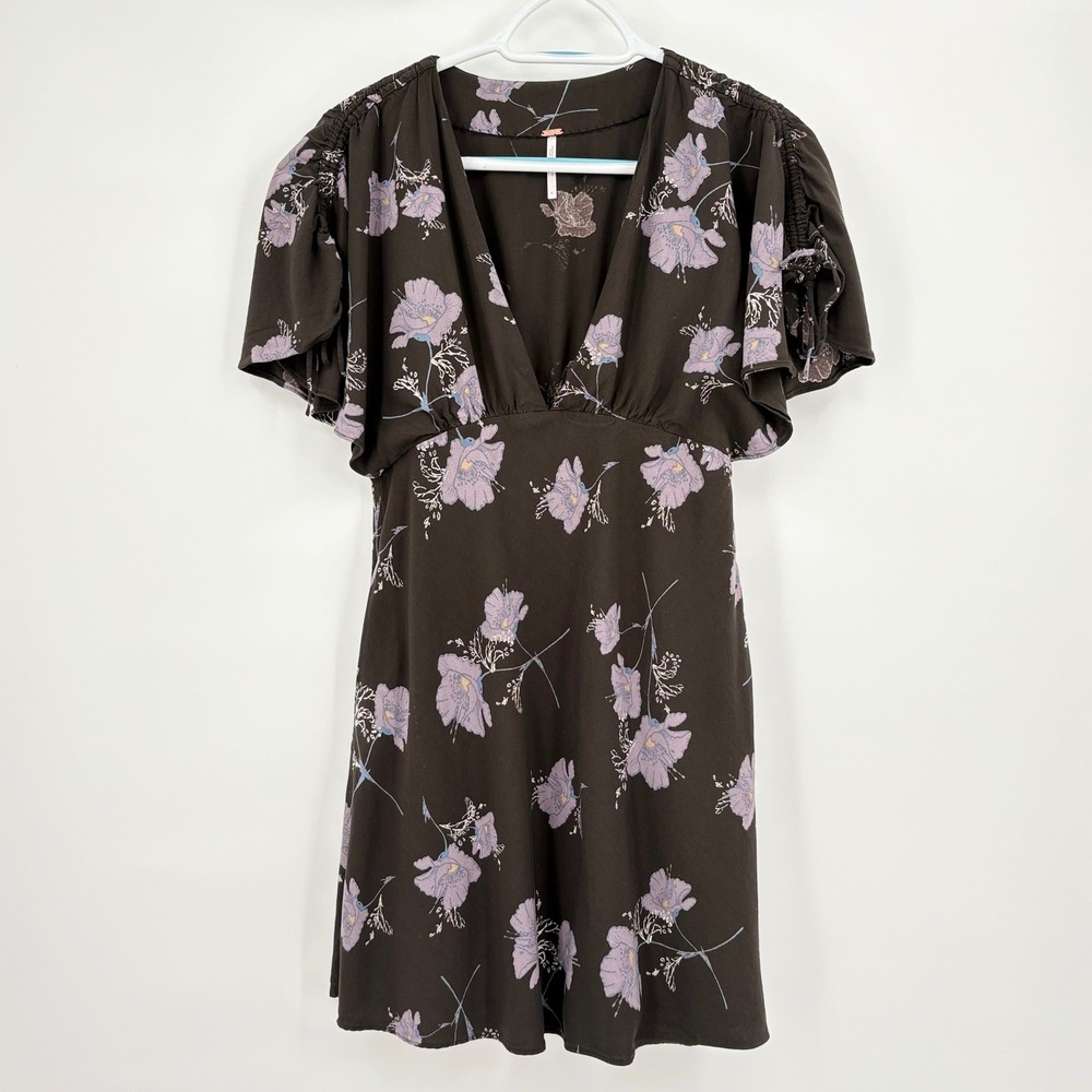 Free People Brown Lavender Floral V-Neck Flutter Sleeve Mini Dress OB476318 6